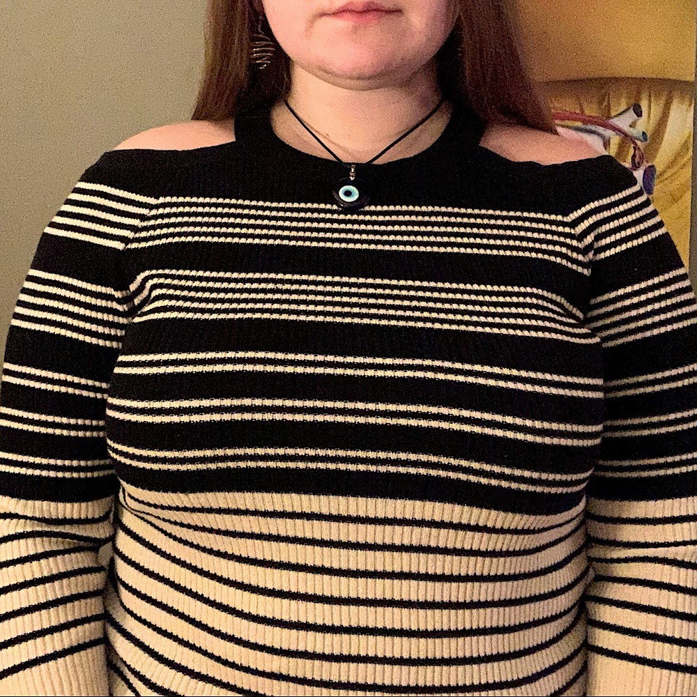 White and Black striped cold shoulder top